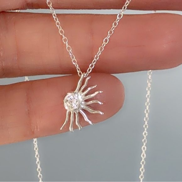 Sterling Silver Sunburst Necklace with Crystal Pendant – Elegant Nature Themed - Picture 3 of 10
